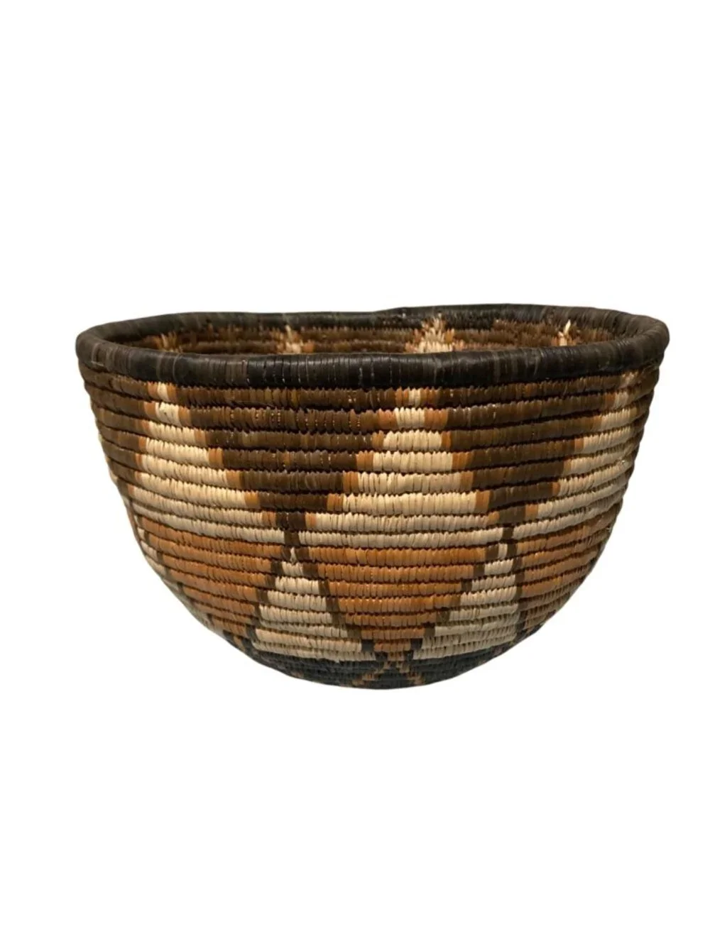 Vintage Handwoven Basket With Geometric Design In Earth Tone Colors